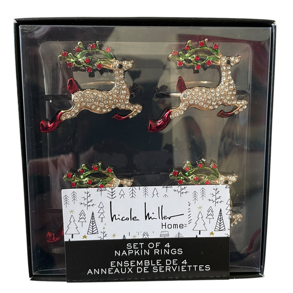 Nicole Miller Christmas Rhinestone Reindeer Napkin Rings Set of 4 Holiday Glam - Picture 6 of 9